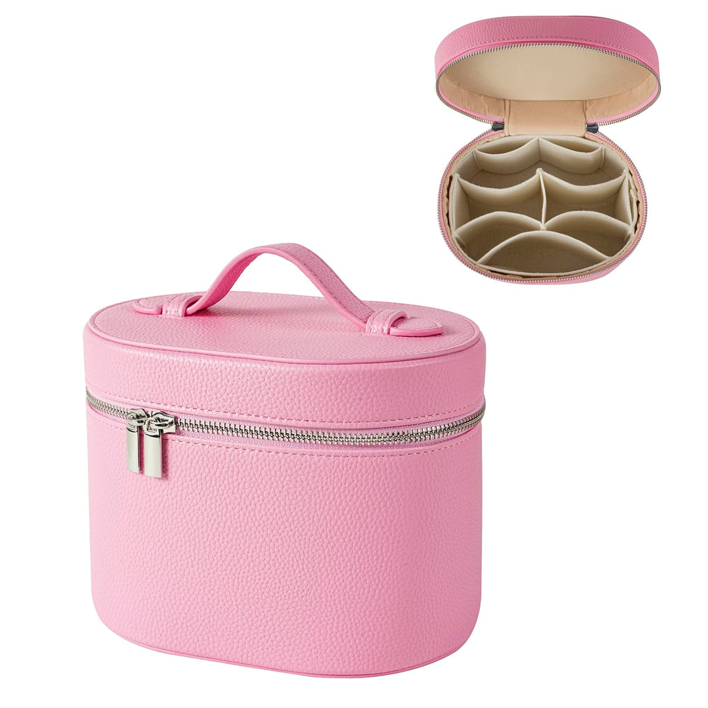 RSRSLEII pink aesthetic makeup bag front view for stylish on-the-go vanity storage