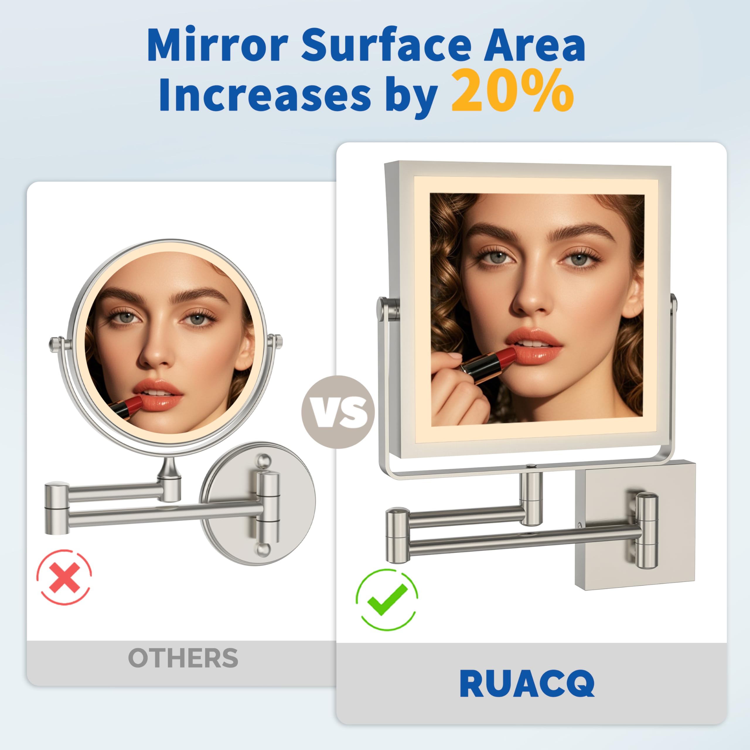 Ruacq wall mirror with 360 degree rotation and extendable arm for flexible angles.