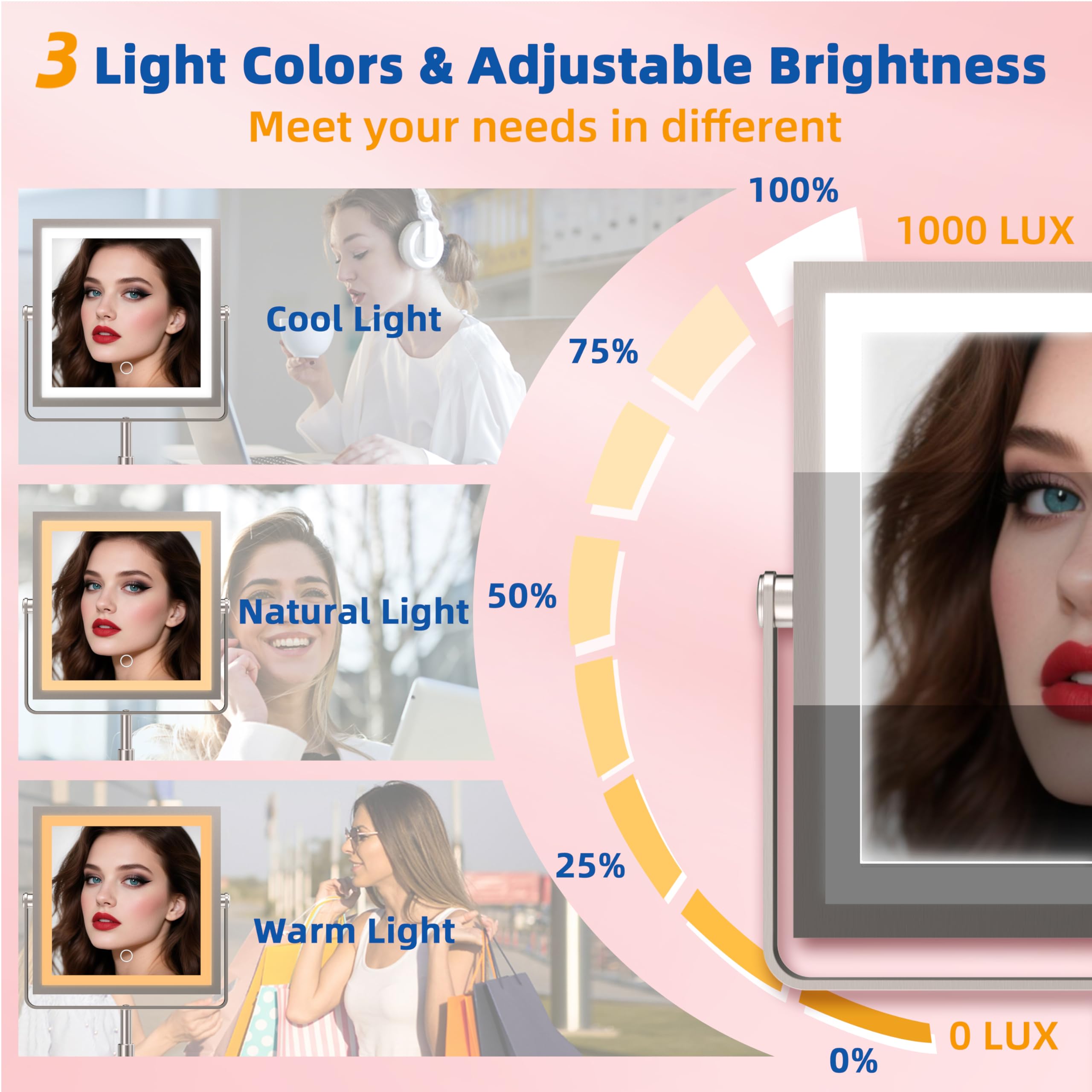 Ruacq makeup mirror offers three color temperatures for flattering lighting during makeup