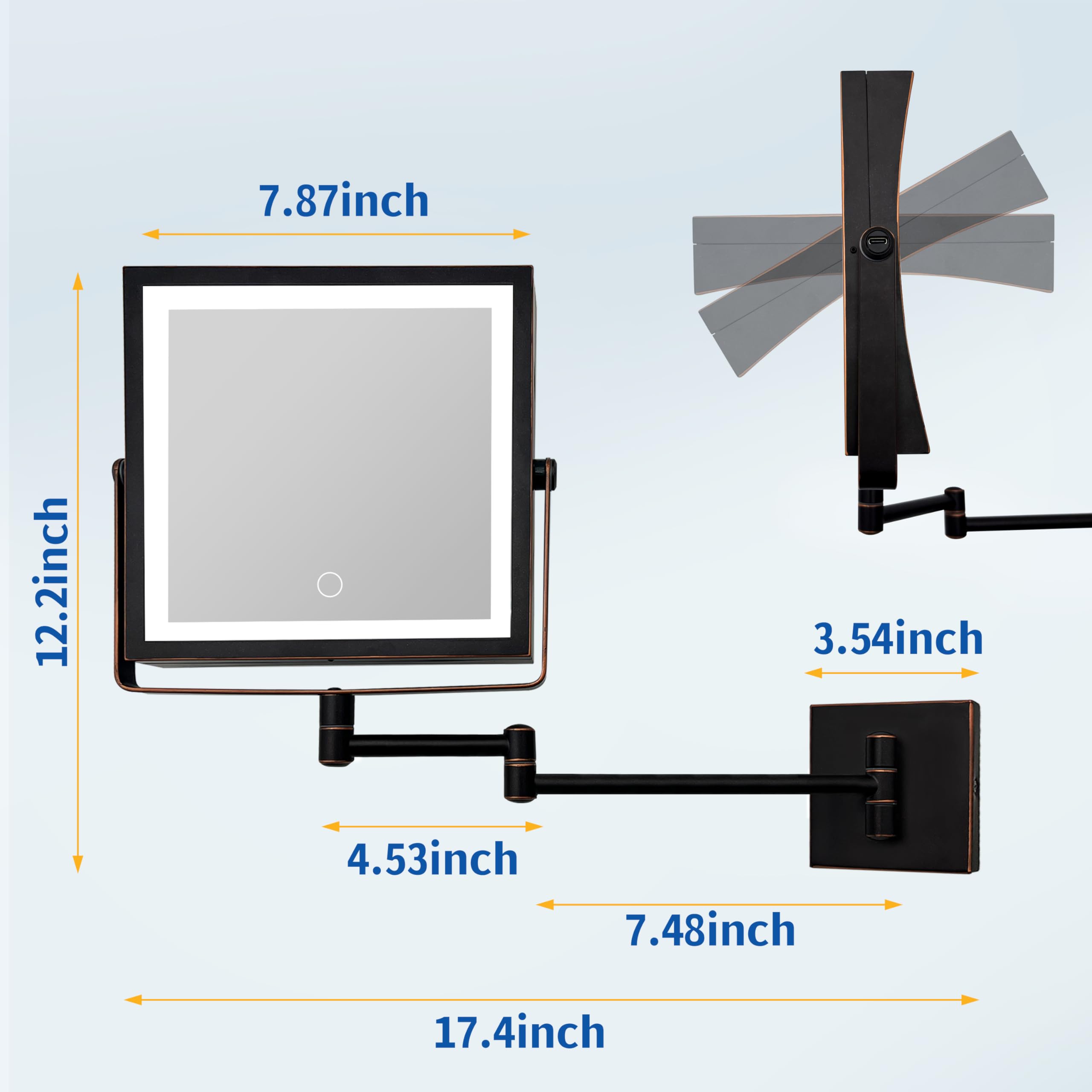 Ruacq mirror showing 360-degree rotation and adjustable tilt angle in bronze finish.