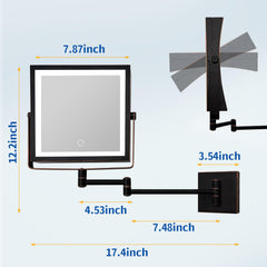 Ruacq mirror showing 360-degree rotation and adjustable tilt angle in bronze finish.