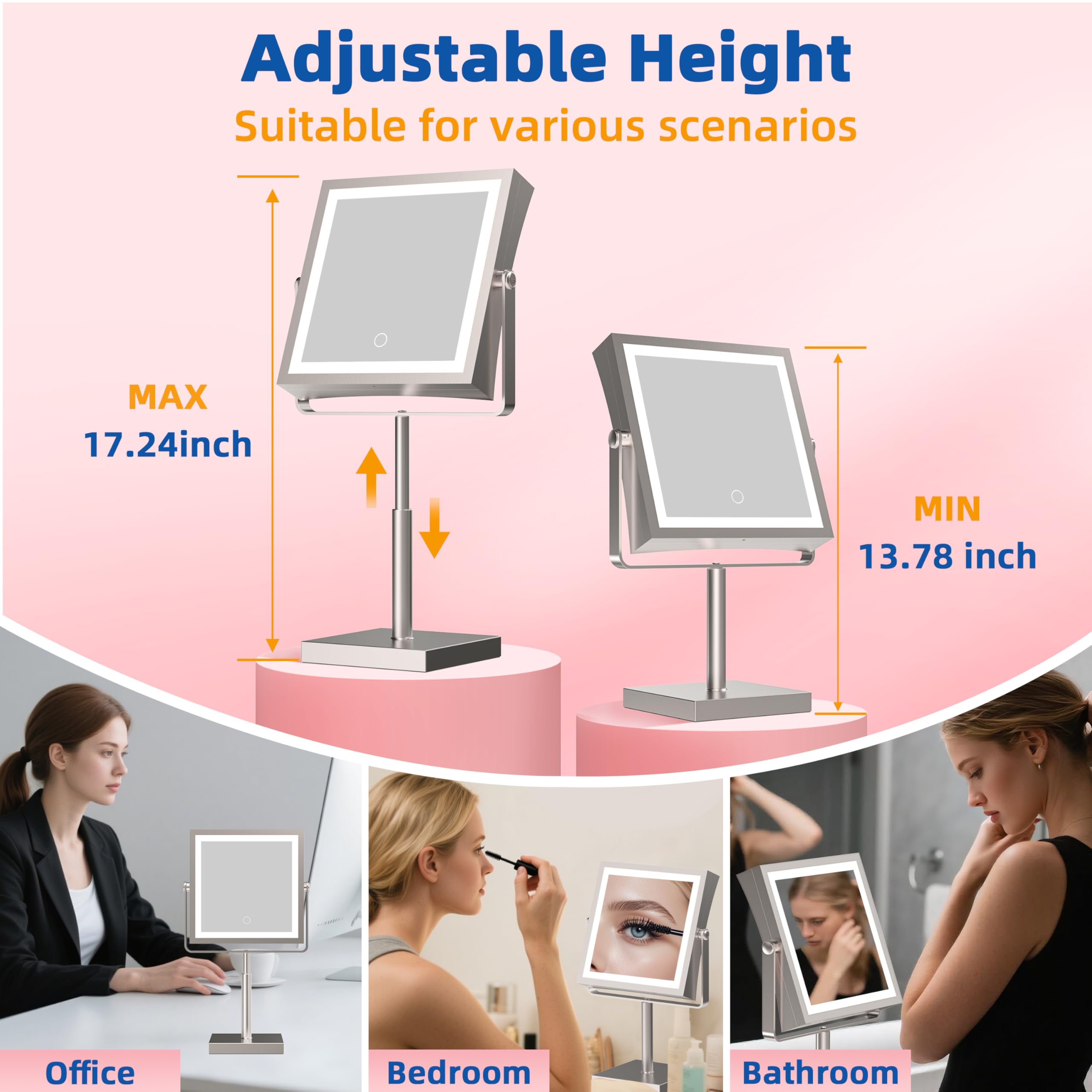 Ruacq square-design makeup mirror with modern, space-saving silhouette