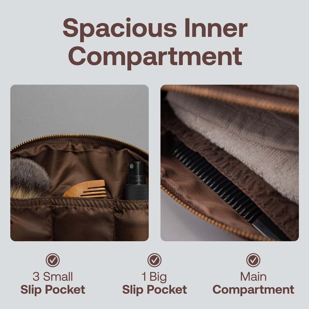 Rubab Men premium toiletry kit bag tan side view shows durable vegan leather for frequent travel.