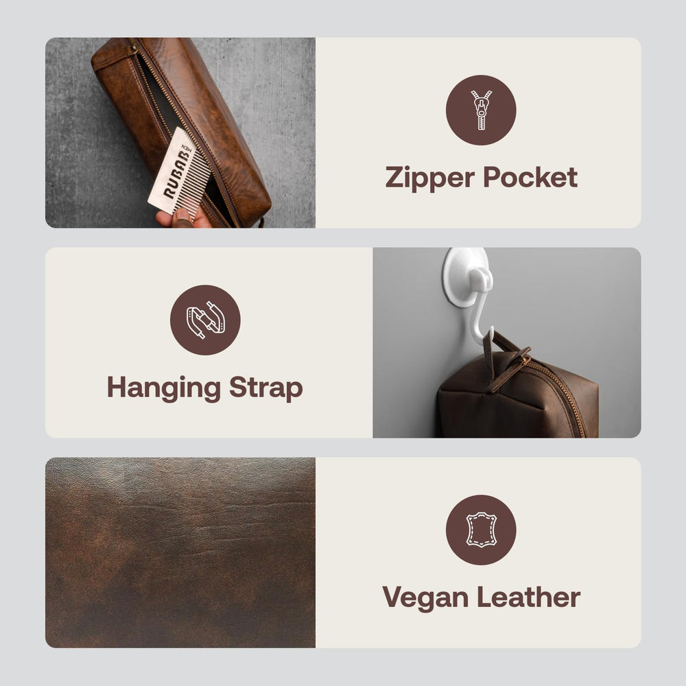 Rubab Men splash-proof zipper detail on tan pouch for secure storage.