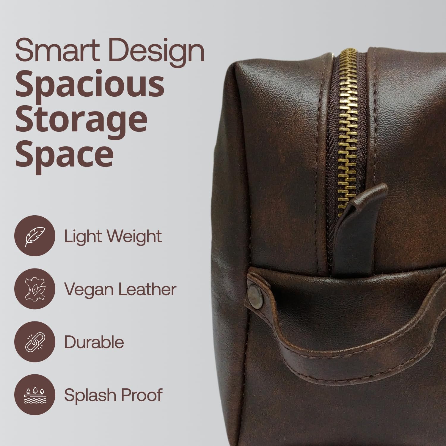 Rubab Men vegan leather travel pouch tan open with compartments for wet and dry items.
