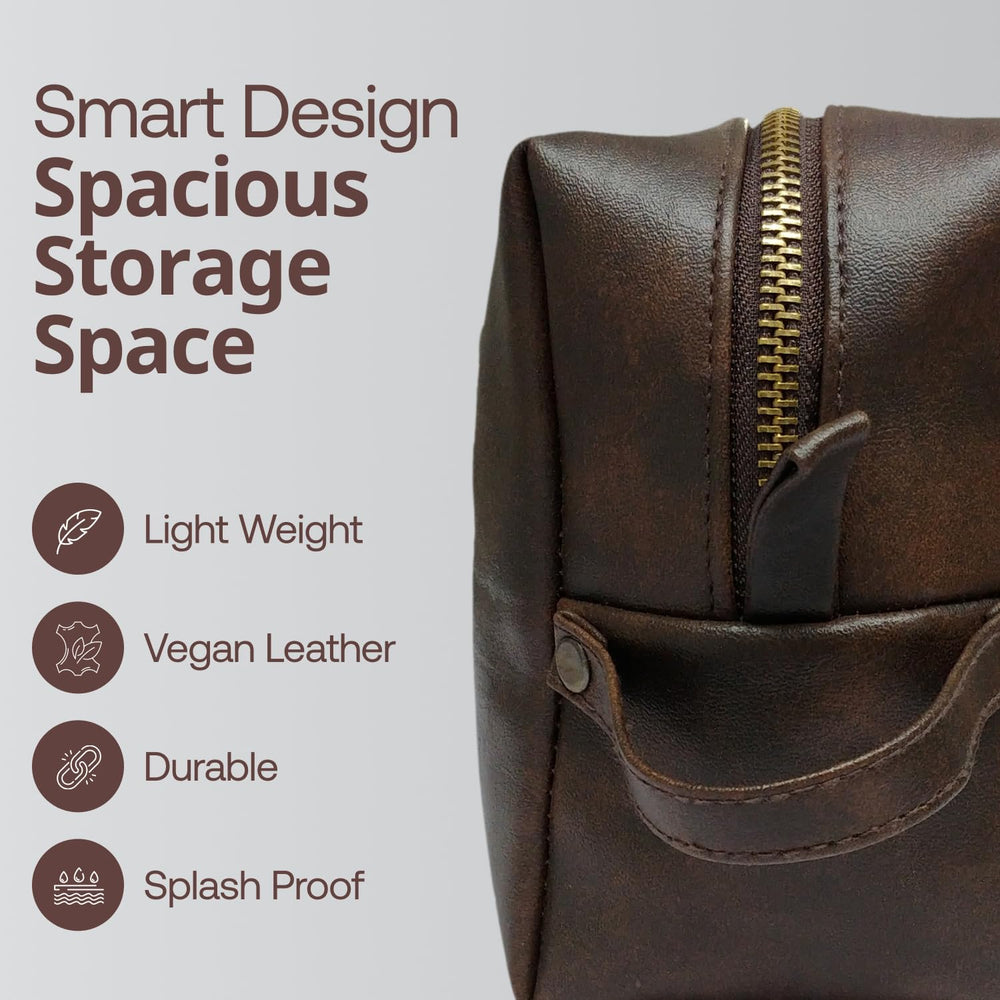 Rubab Men vegan leather travel pouch tan open with compartments for wet and dry items.
