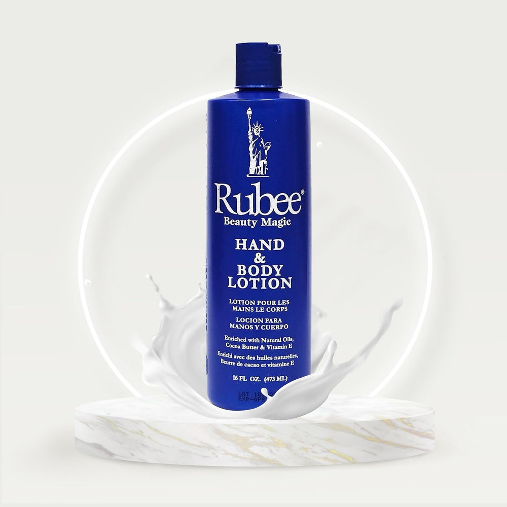 RUBEE body-hand-lotion texture close-up, cocoa butter-rich hydration for dry skin.