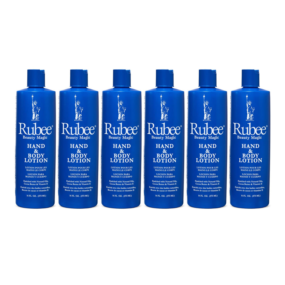 Rubee Magic Hand & Body Lotion 16oz bottle shown as a six-pack for on-the-go hydration.