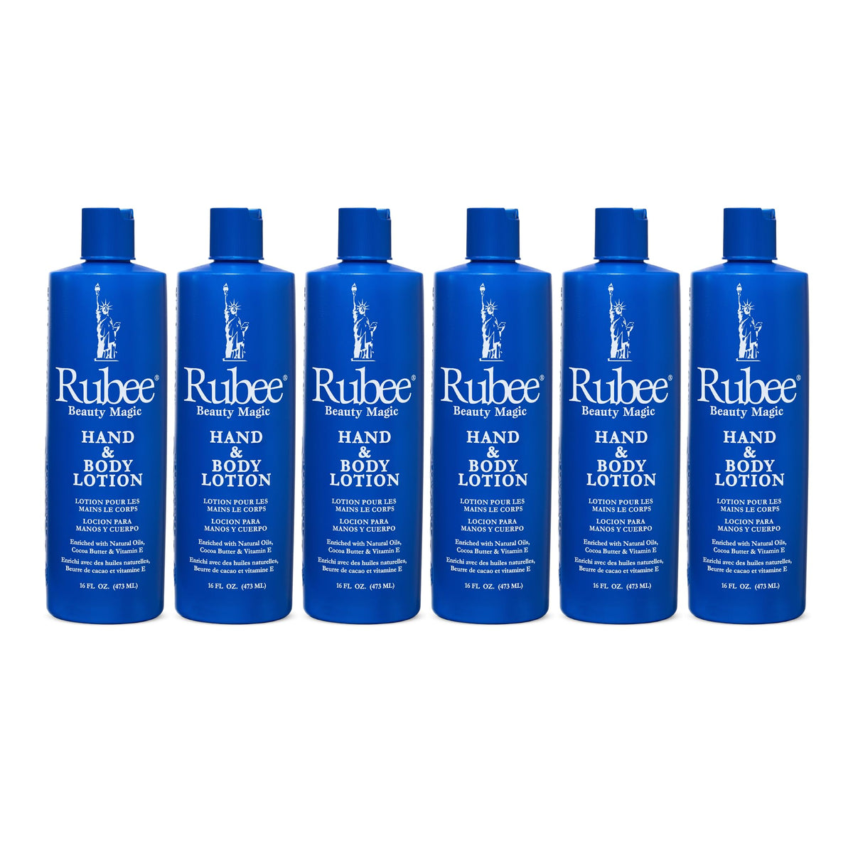 Rubee Magic Hand & Body Lotion 16oz bottle shown as a six-pack for on-the-go hydration.
