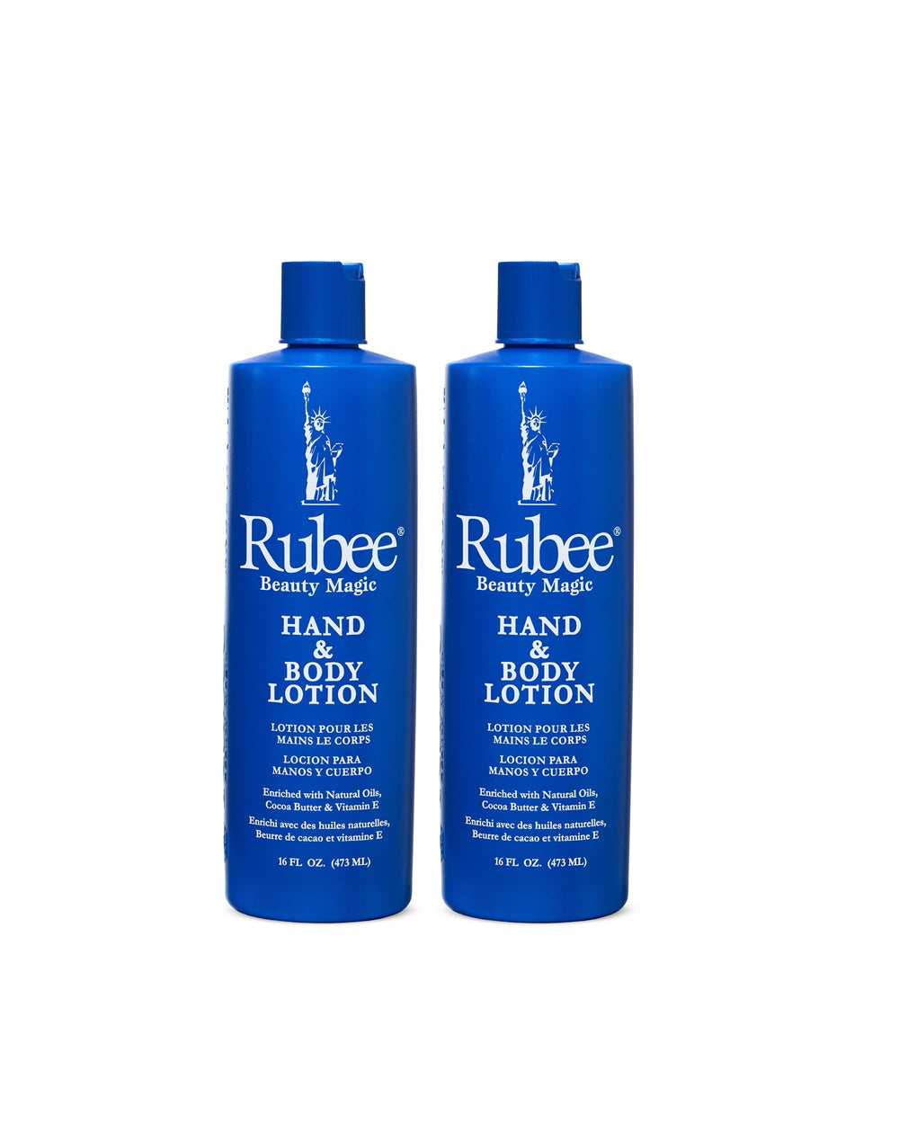 RUBEE two-lotion bottles on display, non-greasy hydration for daily use.
