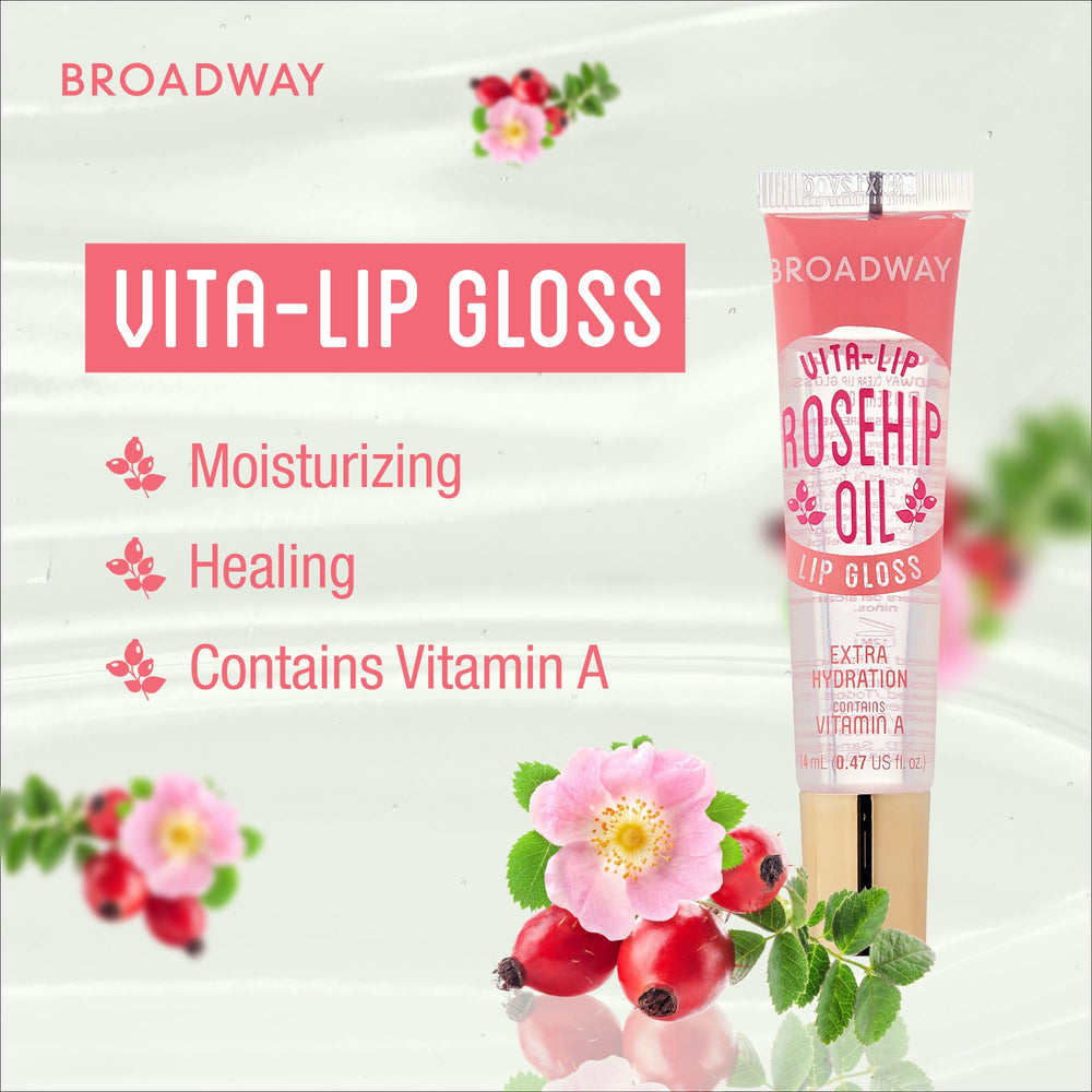 Ruby Kisses Broadway Vita-Lip Gloss packaging display showing sleek tube design