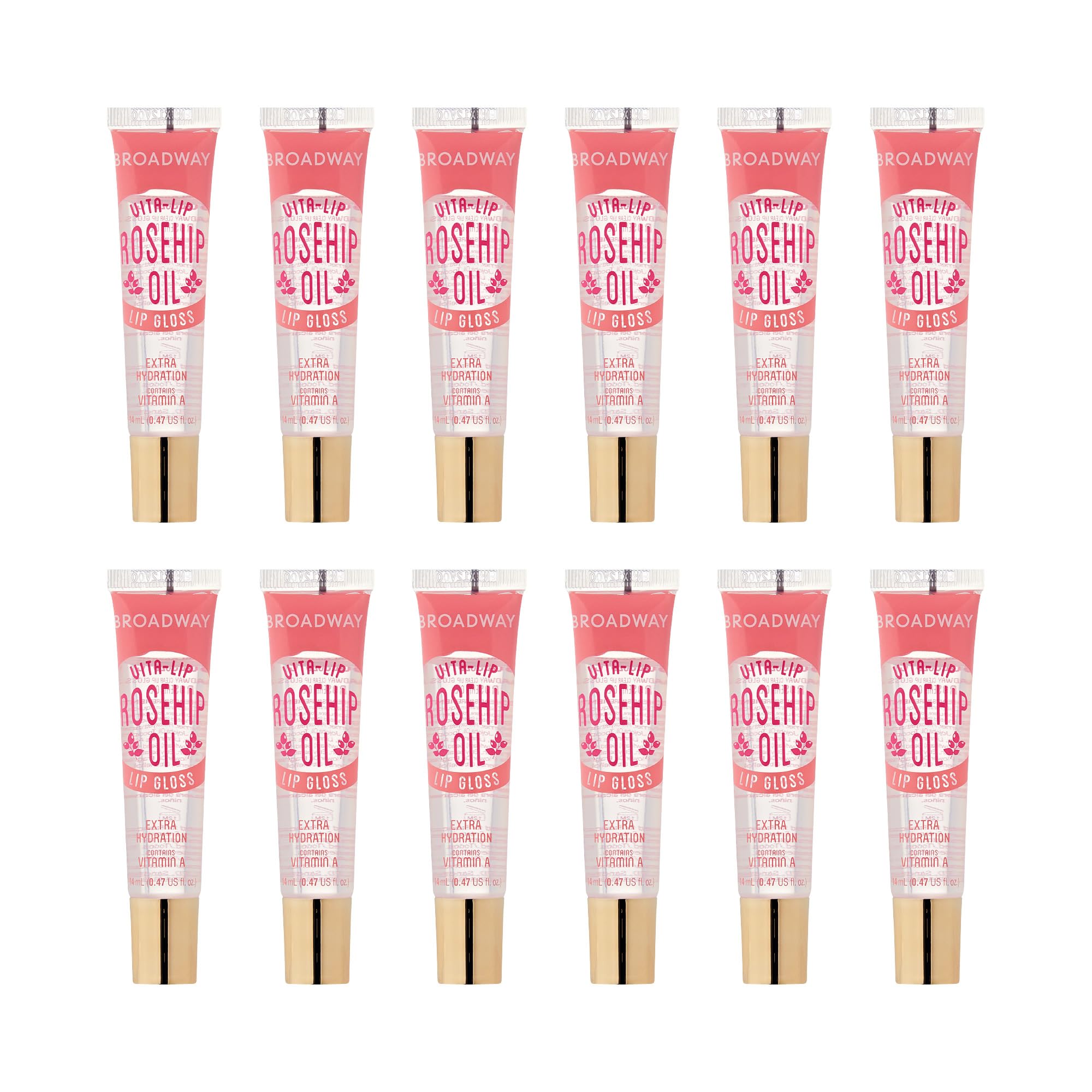 Ruby Kisses Broadway Vita-Lip gloss bottle closeup showing rosehip oil for nourished lips