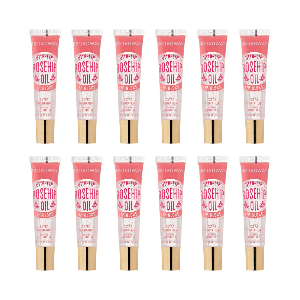 Ruby Kisses Broadway Vita-Lip gloss bottle closeup showing rosehip oil for nourished lips