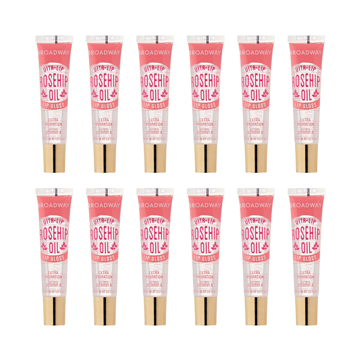 Ruby Kisses Broadway Vita-Lip gloss bottle closeup showing rosehip oil for nourished lips