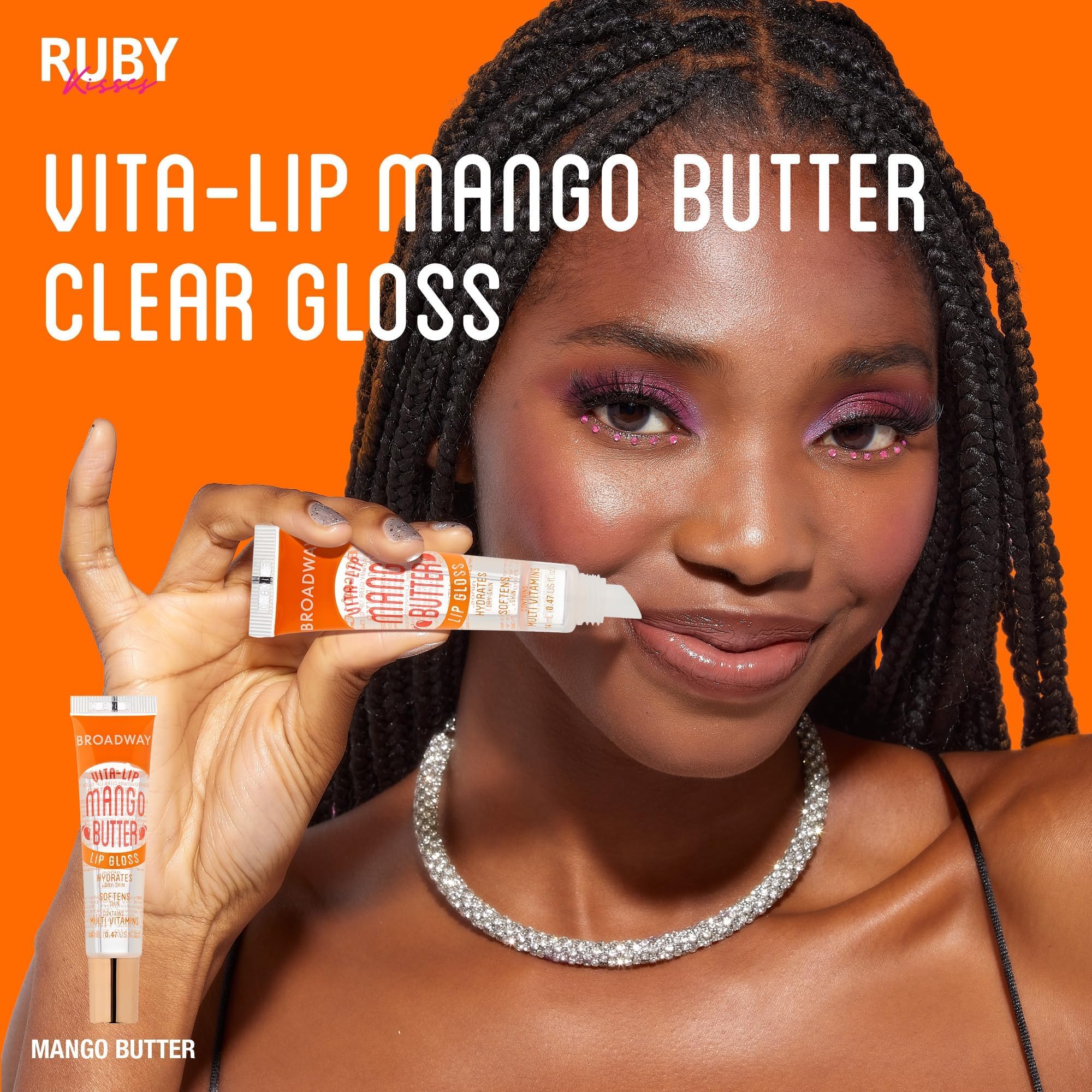 Ruby Kisses Broadway Vita-Lip Gloss nourishes lips with rosehip, coconut, and mango oils
