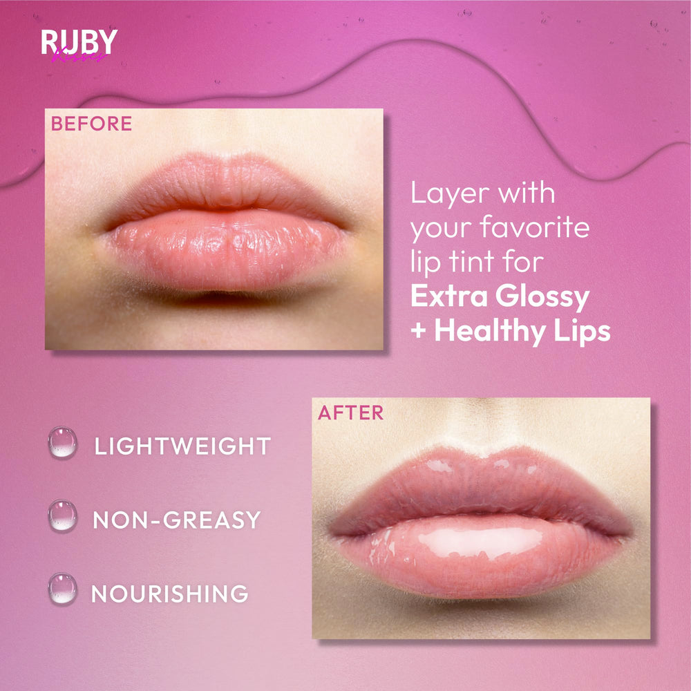Ruby Kisses Hydrating Lip Oil Clear RLO01 applying-on-lips for smooth, refreshing swipe.