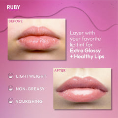 Ruby Kisses Hydrating Lip Oil Clear RLO01 applying-on-lips for smooth, refreshing swipe.