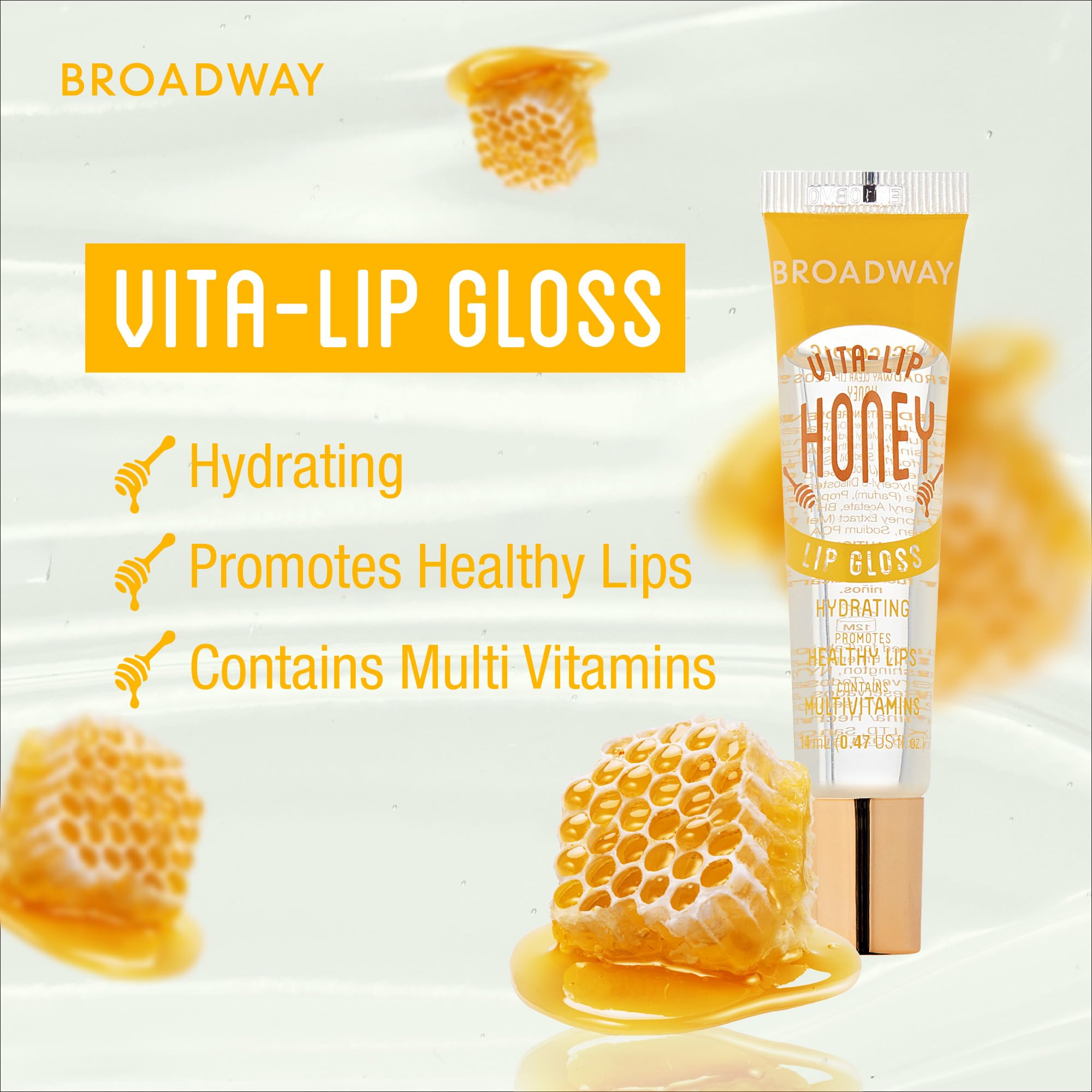 Ruby Kisses Broadway Vita-Lip gloss with high shine on lips in close-up.