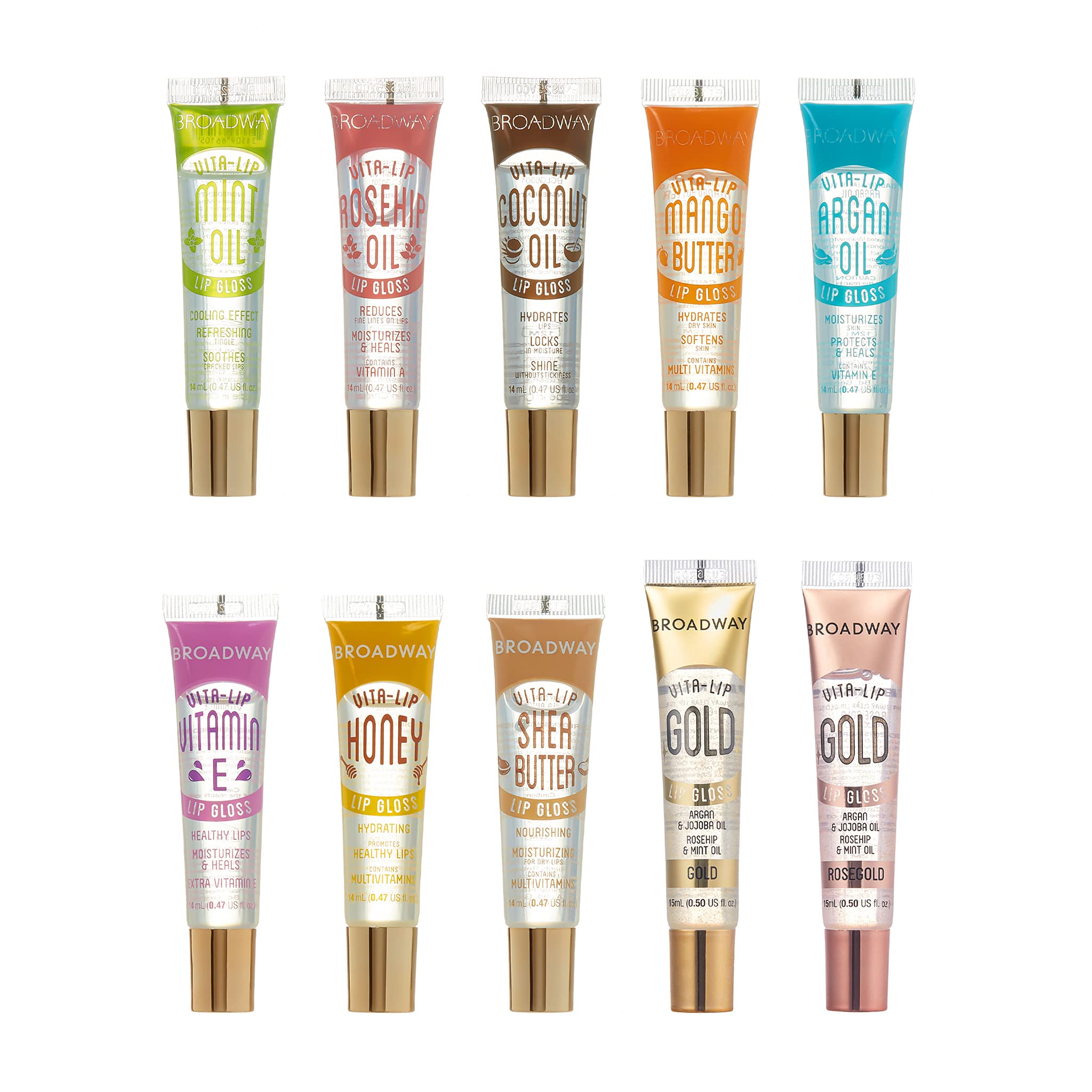 Ruby Kisses Broadway Vita-Lip gloss pack shot highlighting ten clear gloss tubes for daily use.