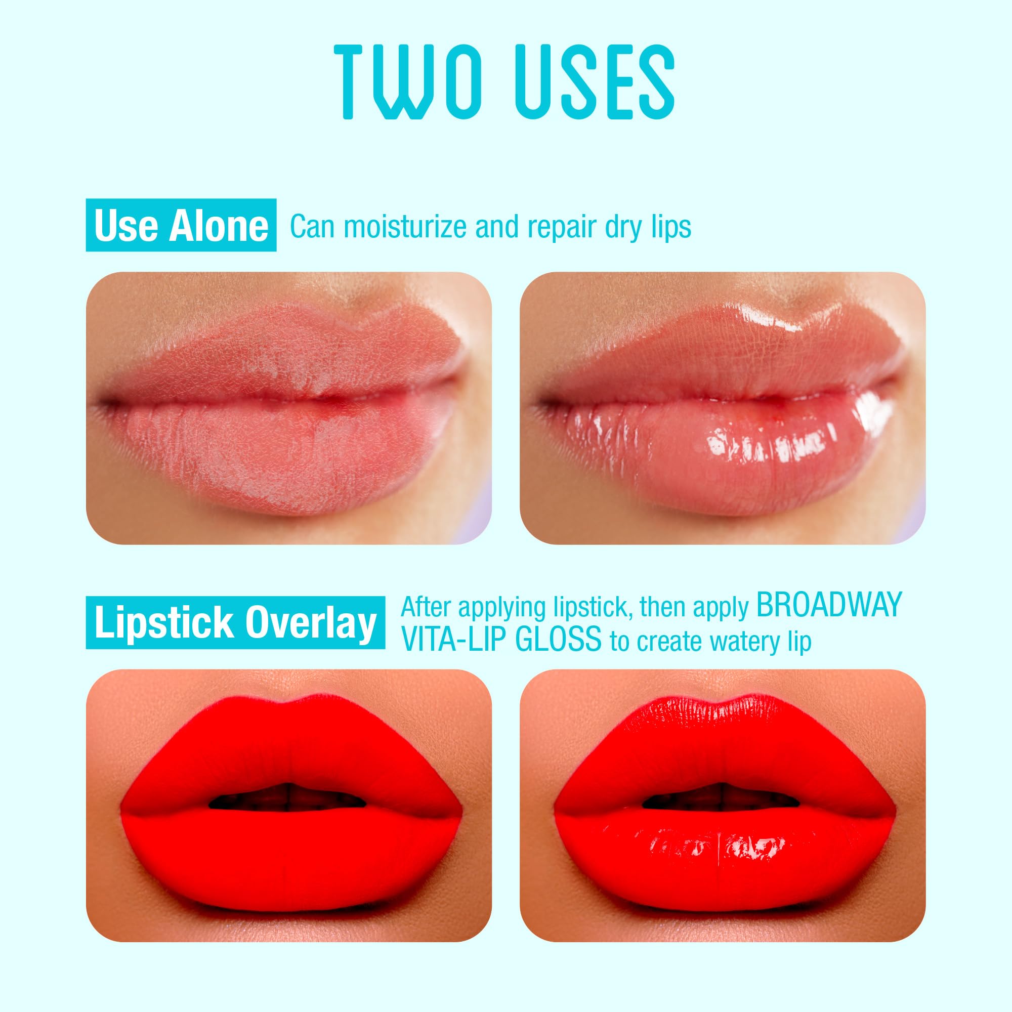 Ruby Kisses Broadway Vita-Lip packaging close-up with sleek clear tubes.