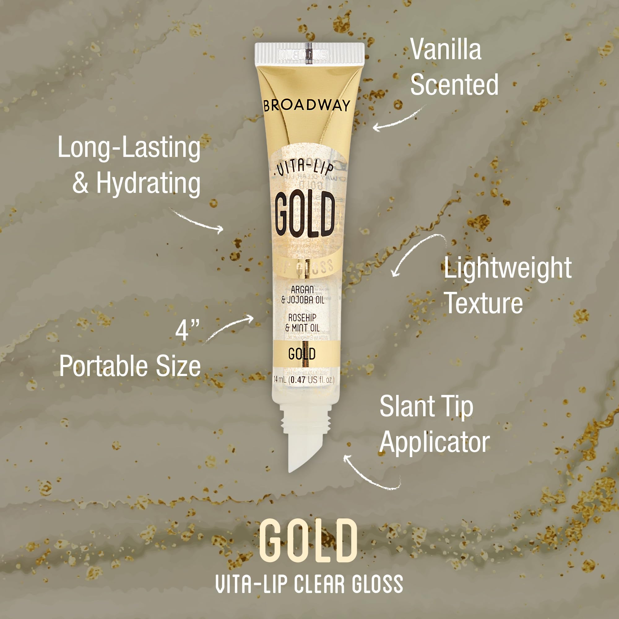 Ruby Kisses Broadway Vita-Lip gloss tube application demonstrating easy glide and non-sticky finish.