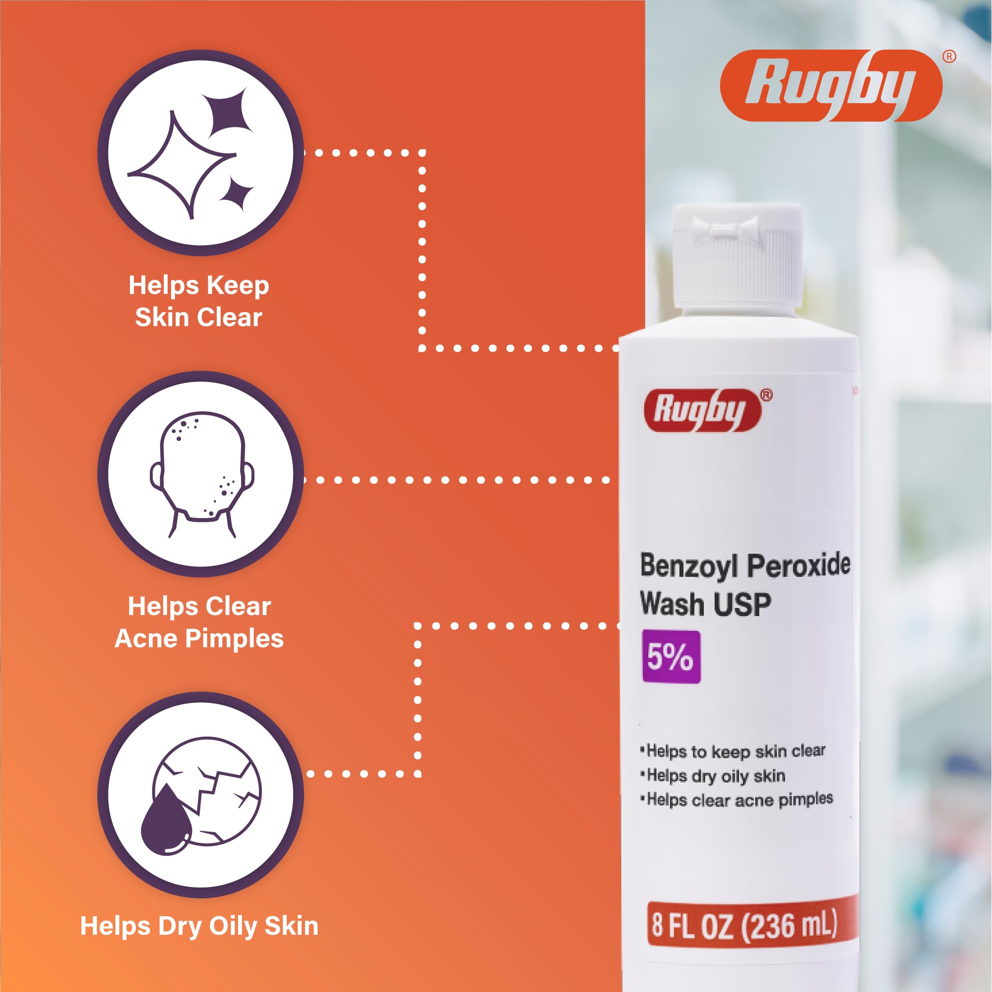 Rugby Benzoyl Peroxide Wash application on the face shows a simple daily routine