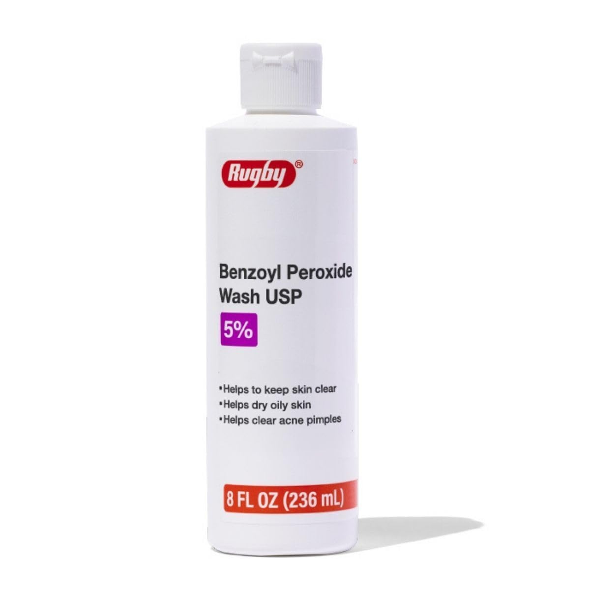 Rugby Benzoyl Peroxide Wash bottle closeup suggesting acne control for oily skin