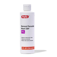 Rugby Benzoyl Peroxide Wash bottle closeup suggesting acne control for oily skin