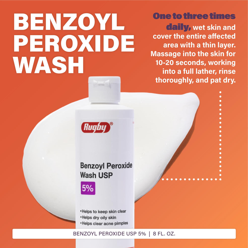 Rugby Benzoyl Peroxide Wash foamy lather demonstrates cleansing for breakout-prone skin