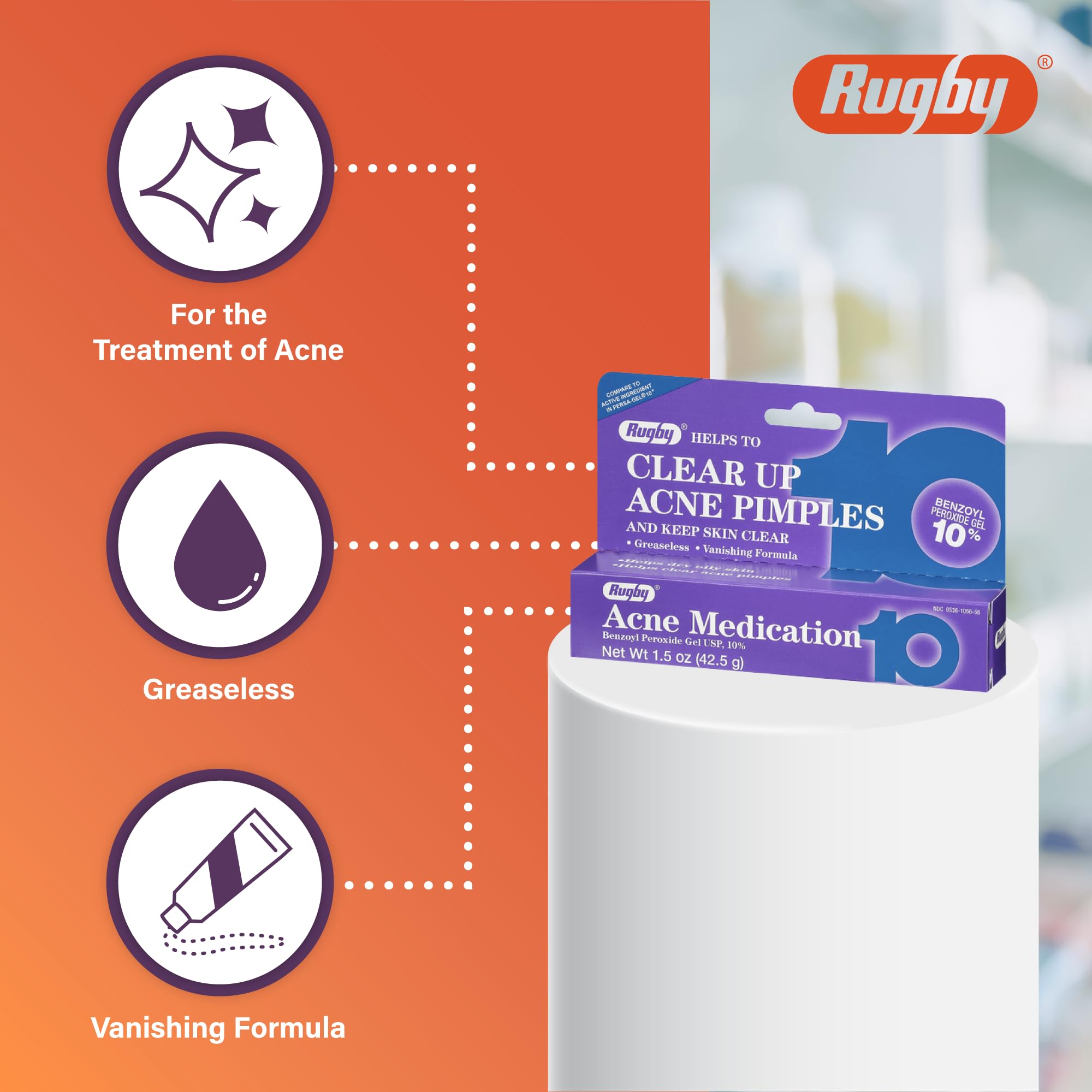 Rugby Laboratories benzoyl peroxide gel 10% greaseless vanishing formula on skin