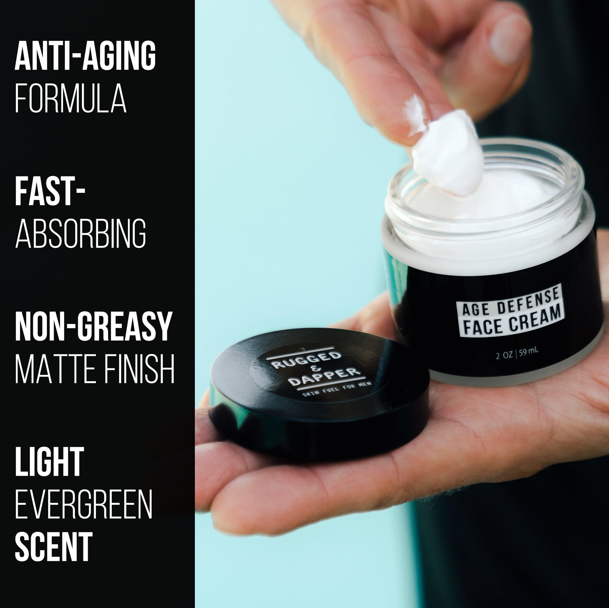 RUGGED & DAPPER hyaluronic acid cream packaging highlights moisture support