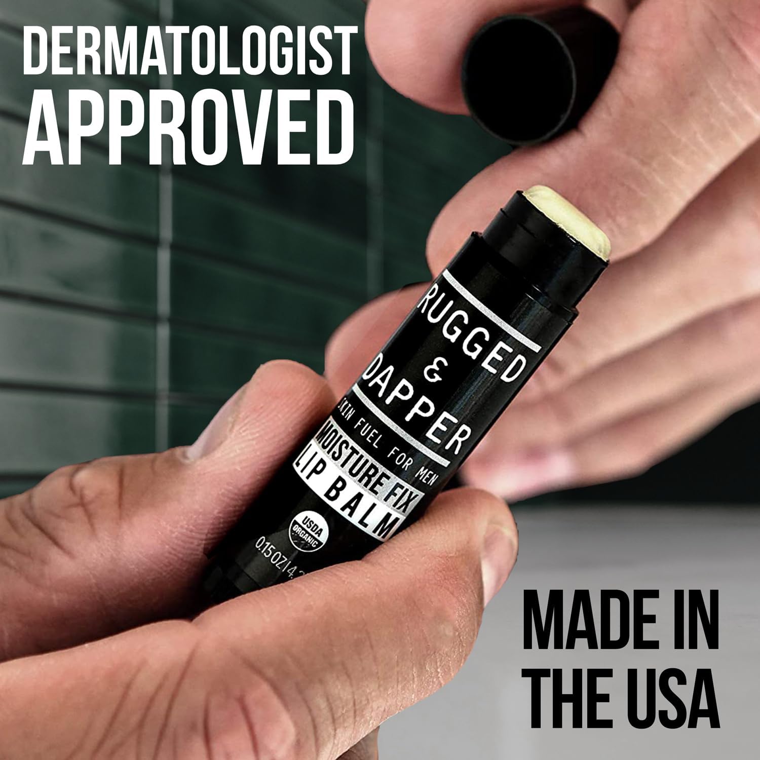 RUGGED & DAPPER lip balm application on lips showing smooth, non-greasy glide.