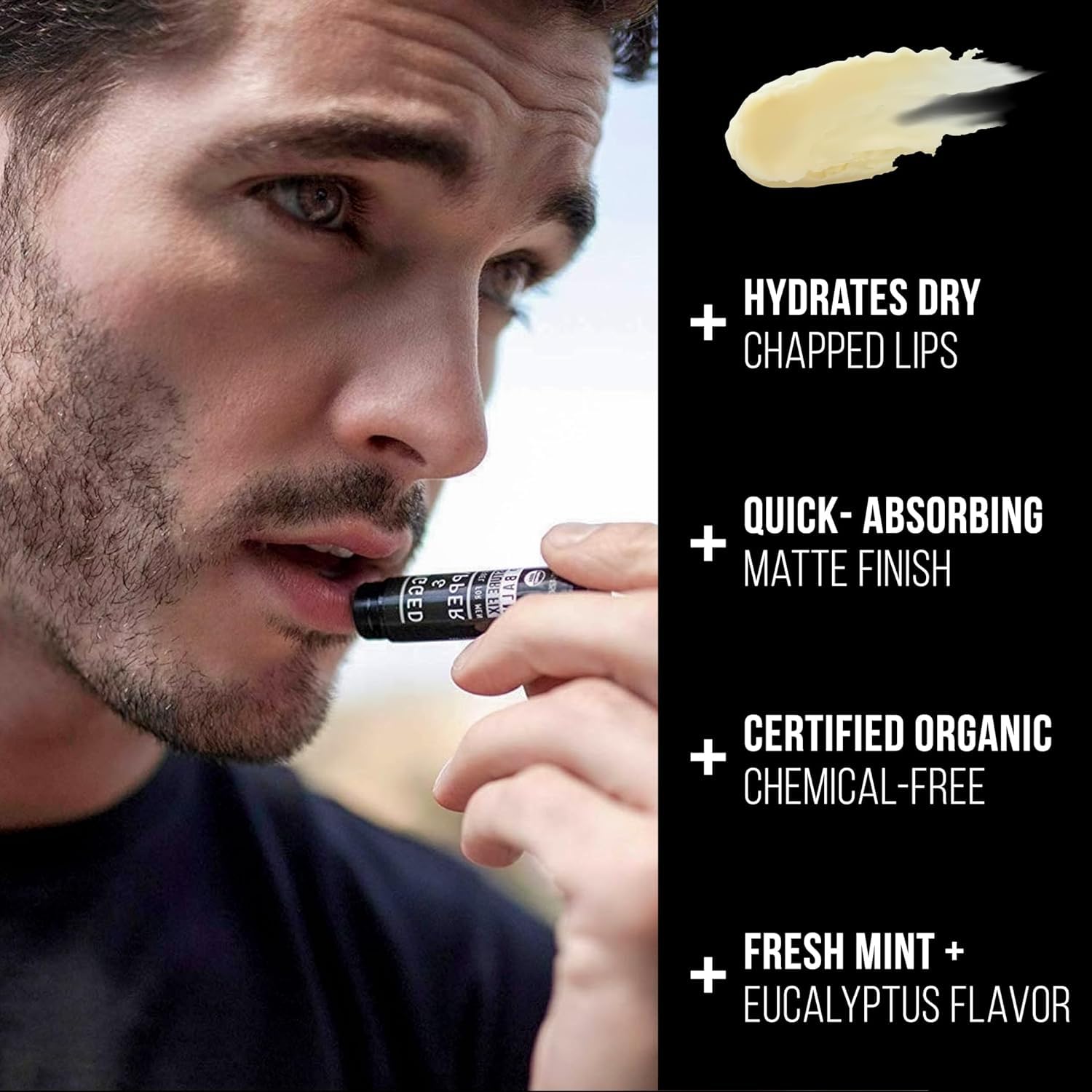 RUGGED & DAPPER lip balm packaging 4-pack—compact and pocket-ready.