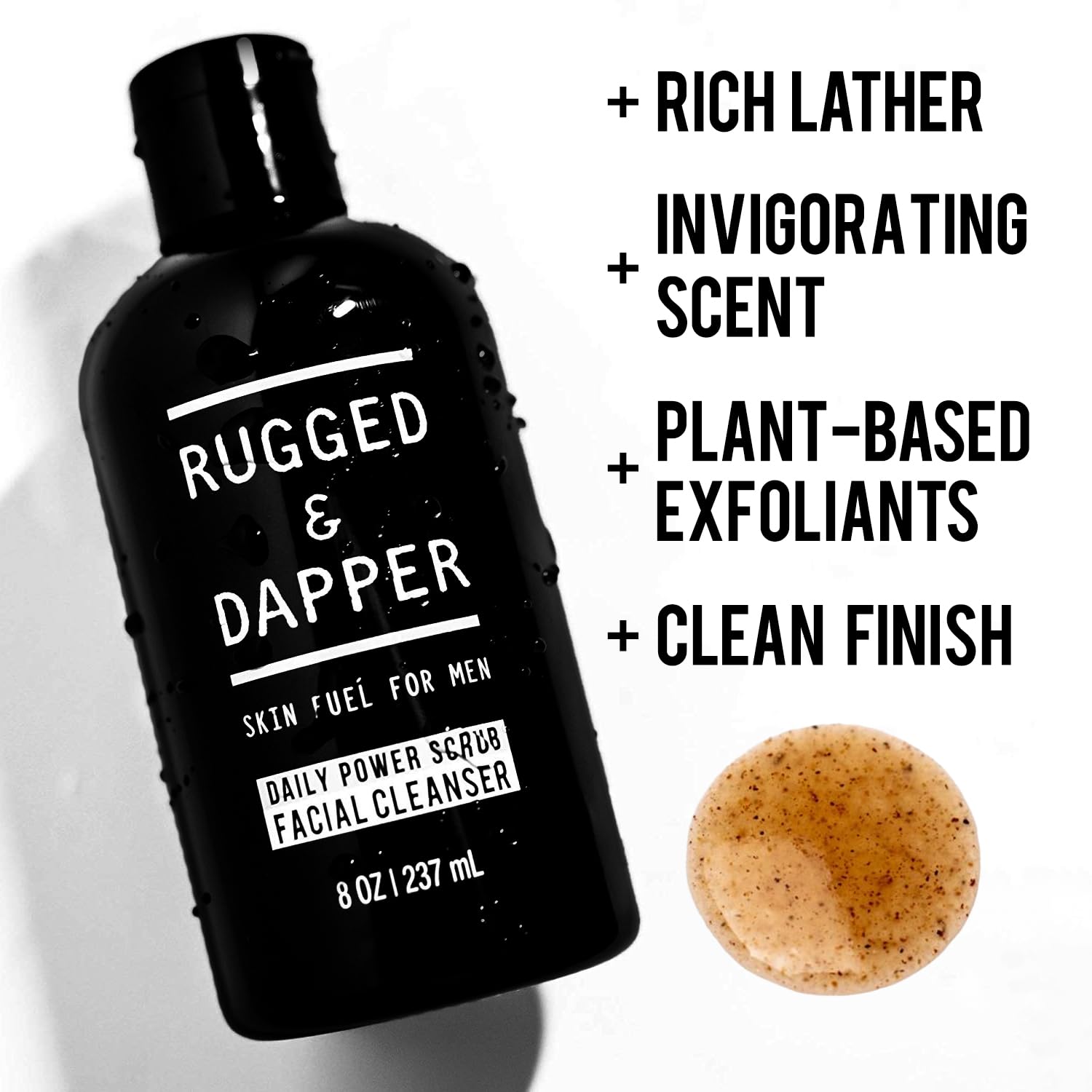 Rugged & Dapper USA-made label on bottle highlighting natural ingredients