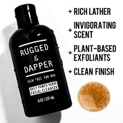 Rugged & Dapper USA-made label on bottle highlighting natural ingredients