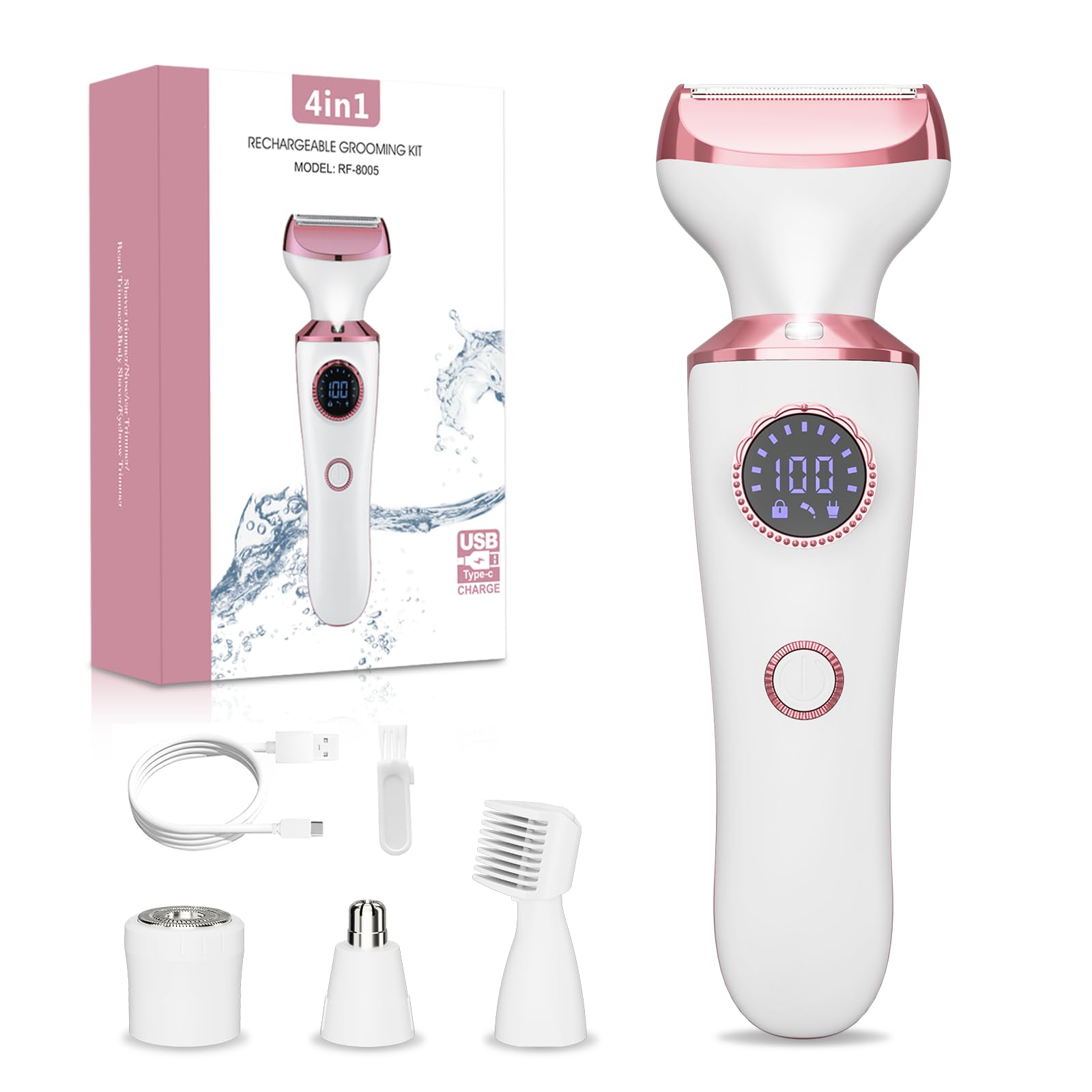 RUIBO electric razor 4-in-1 heads close-up for precise facial and bikini grooming.