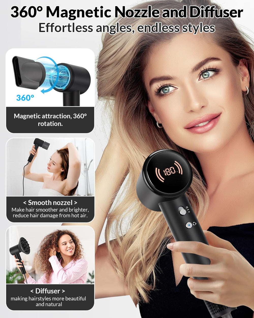 Ruikeeee hair dryer concentrator nozzle directs airflow for sleek finishes.