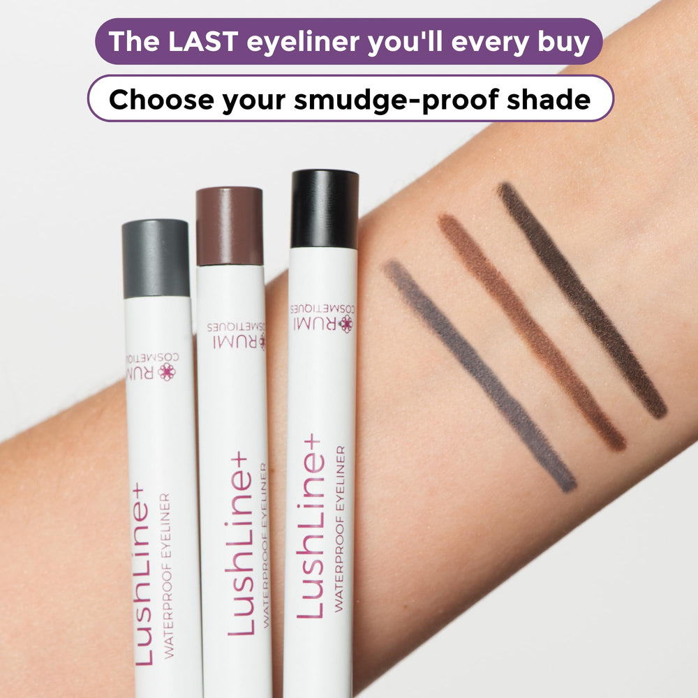 Rumi Cosmetiques LushLine+ eyeliner vegan cruelty-free badge signals ethical beauty.