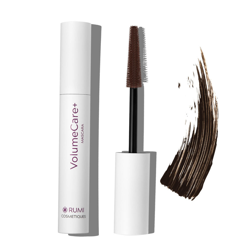 Rumi Cosmetiques VolumeCare+ Mascara bottle with sleek design indicating long-wear performance