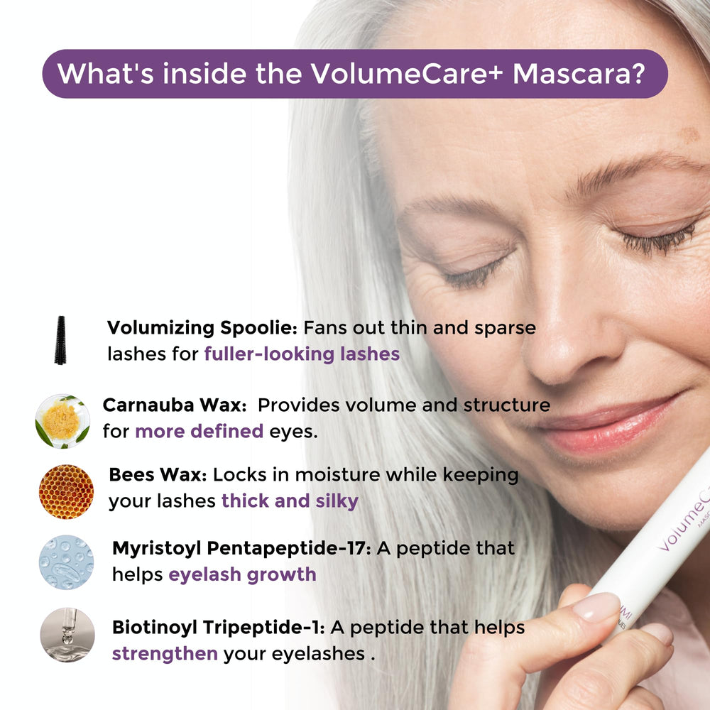 Rumi Cosmetiques VolumeCare+ Mascara packaging shot highlighting hypoallergenic formula