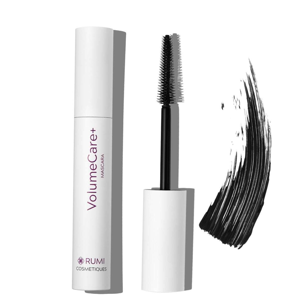Rumi Cosmetiques VolumeCare+ Mascara tube close-up highlighting growth peptides for healthier lashes