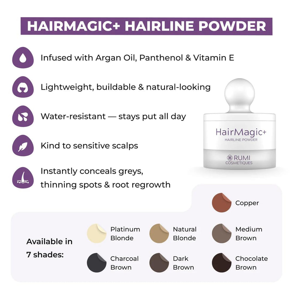 Rumi Cosmetiques HairMagic+ dual-ended brush guides precise application.