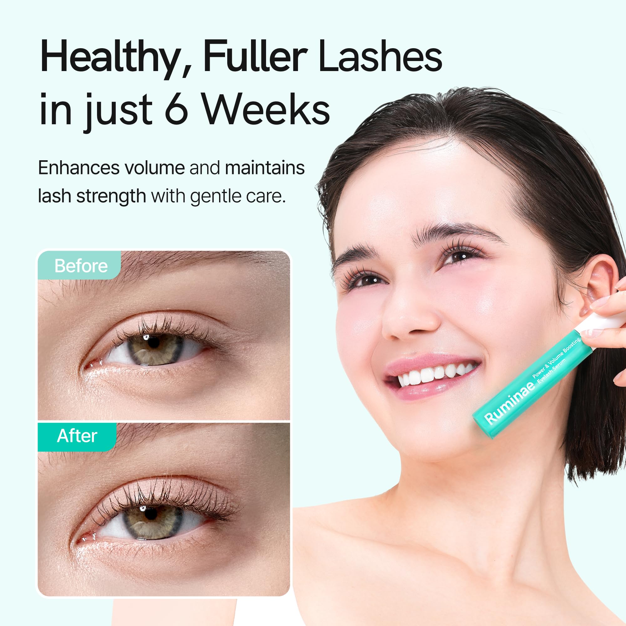 Ruminae Hyaluronic Acid moisture shot hints flexible, glossy lash texture.