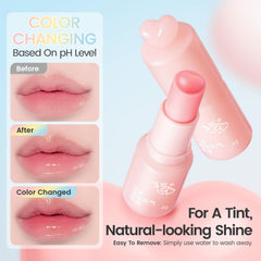 RUNBEN color-changing lip balm on lips reveals a soft, natural shade.