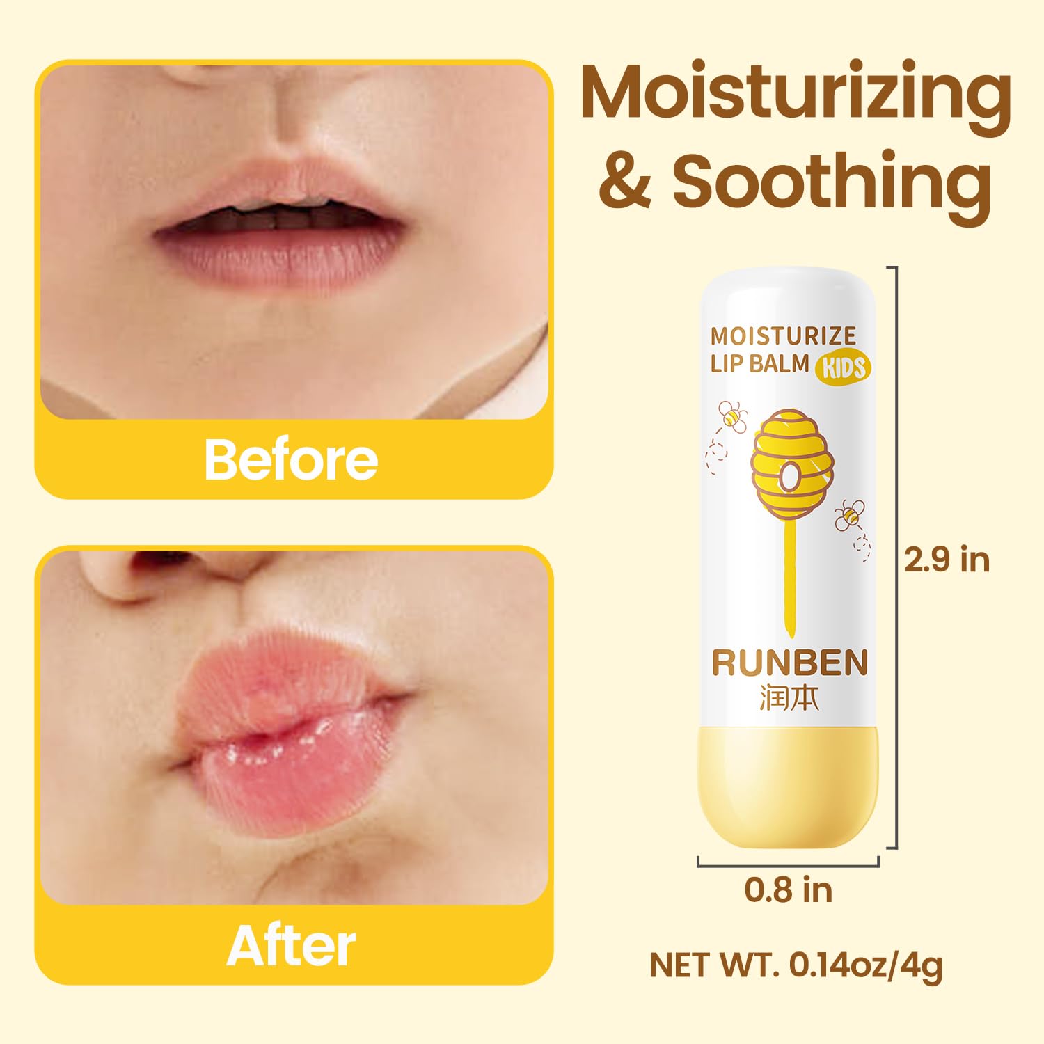 RUNBEN Kids Lip Balm honey extracts detail emphasizing natural moisturizing ingredients.