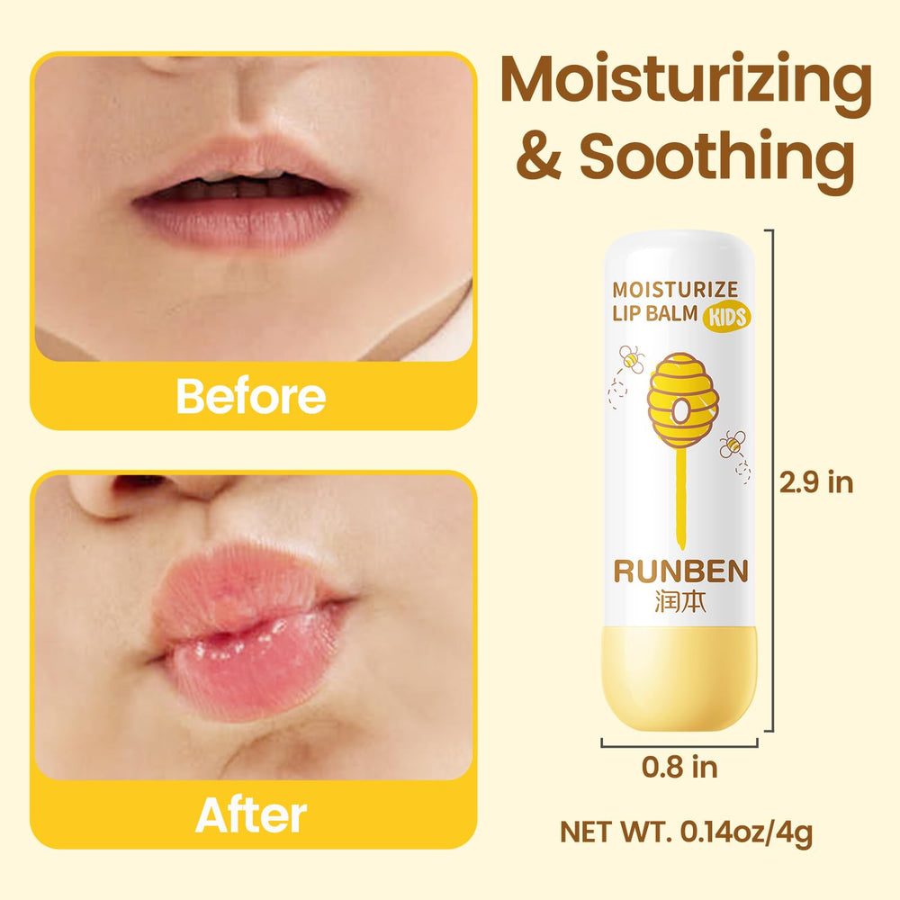 RUNBEN Kids Lip Balm honey extracts detail emphasizing natural moisturizing ingredients.