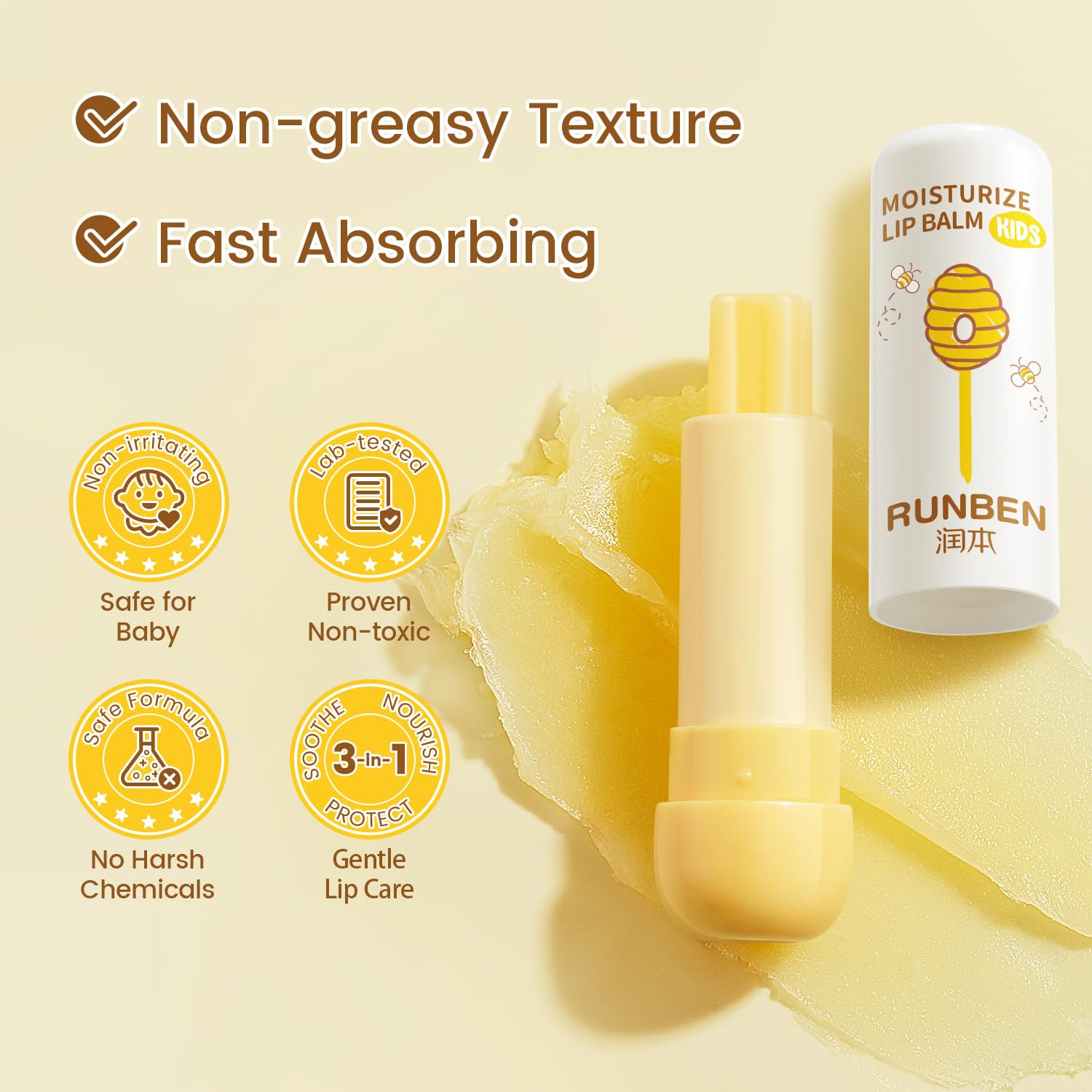 RUNBEN Kids Lip Balm plant extracts close-up suggests gentle, skin-friendly formula.