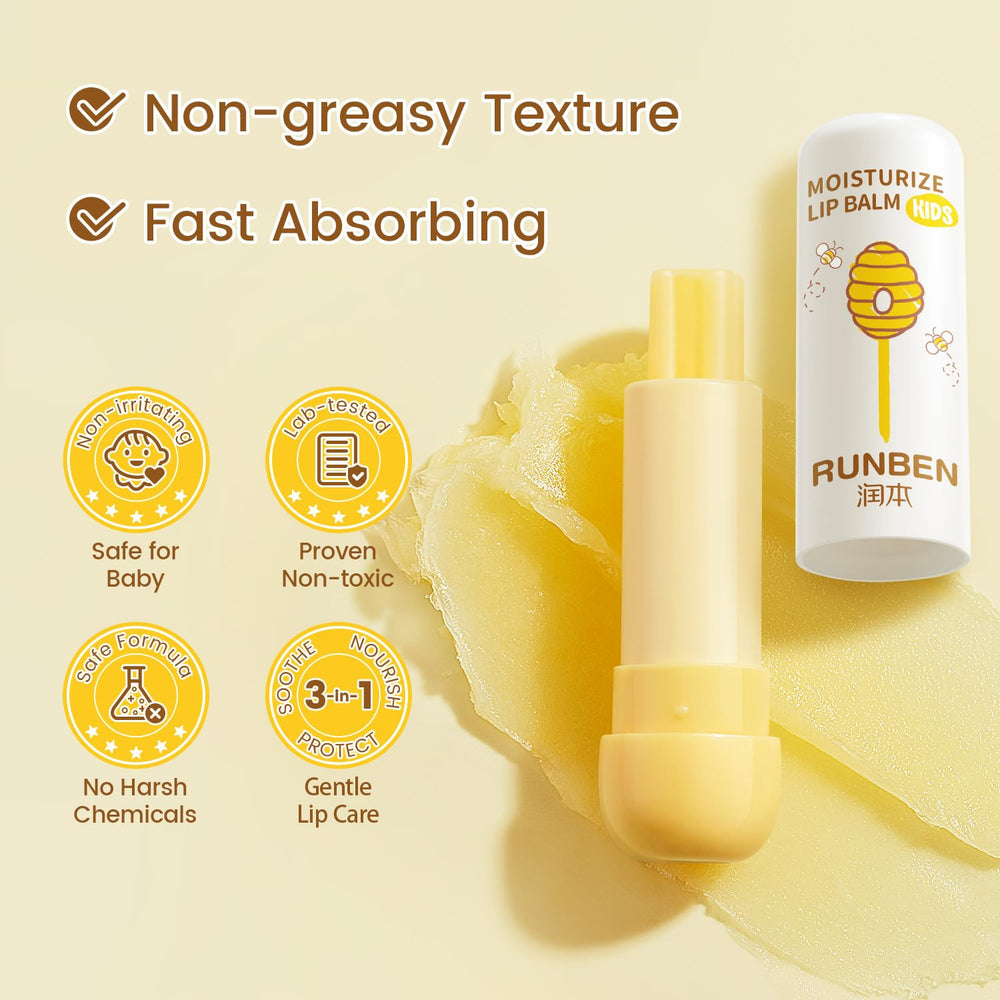 RUNBEN Kids Lip Balm plant extracts close-up suggests gentle, skin-friendly formula.