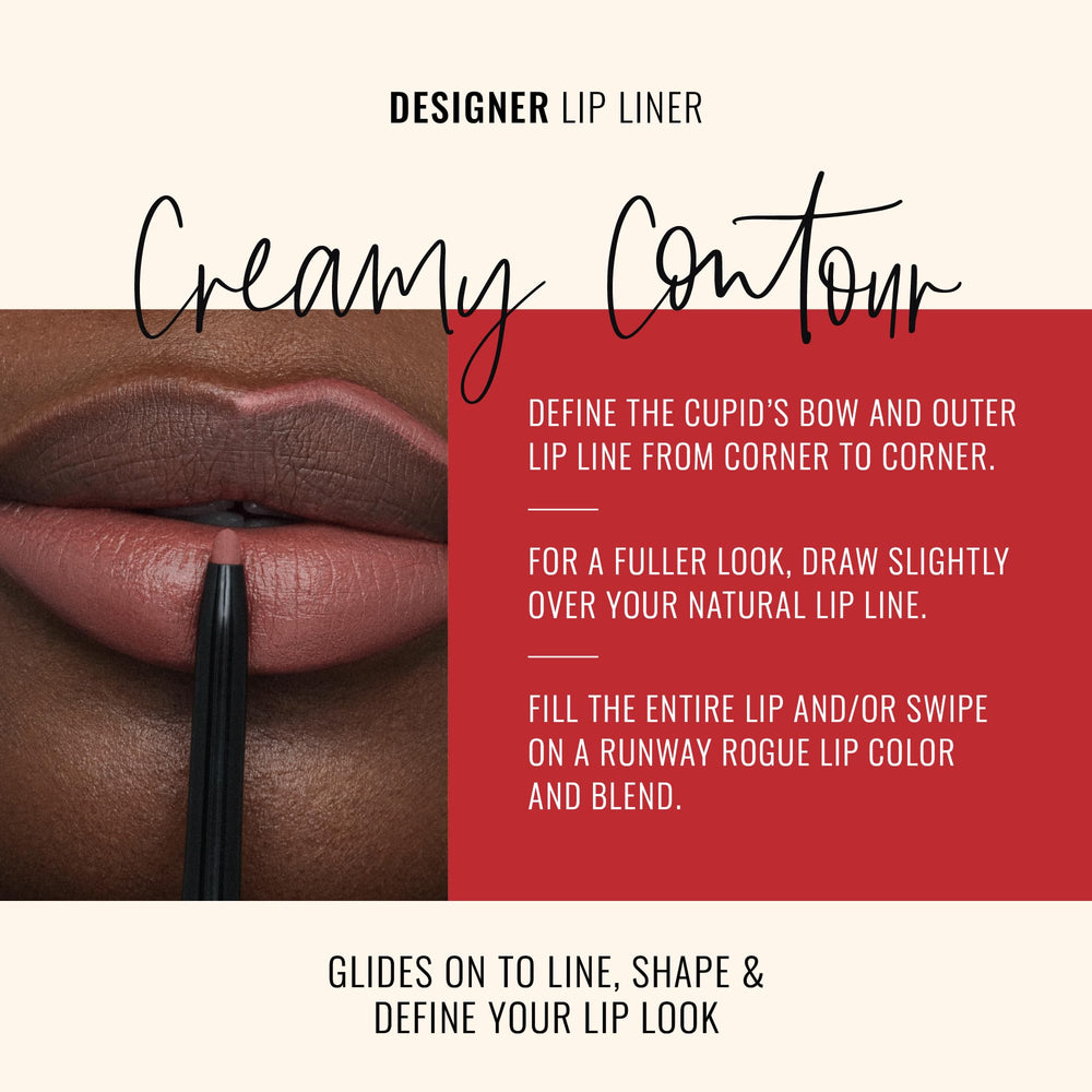 Runway Rogue lip liner dusty rose application shows defined lip shape.