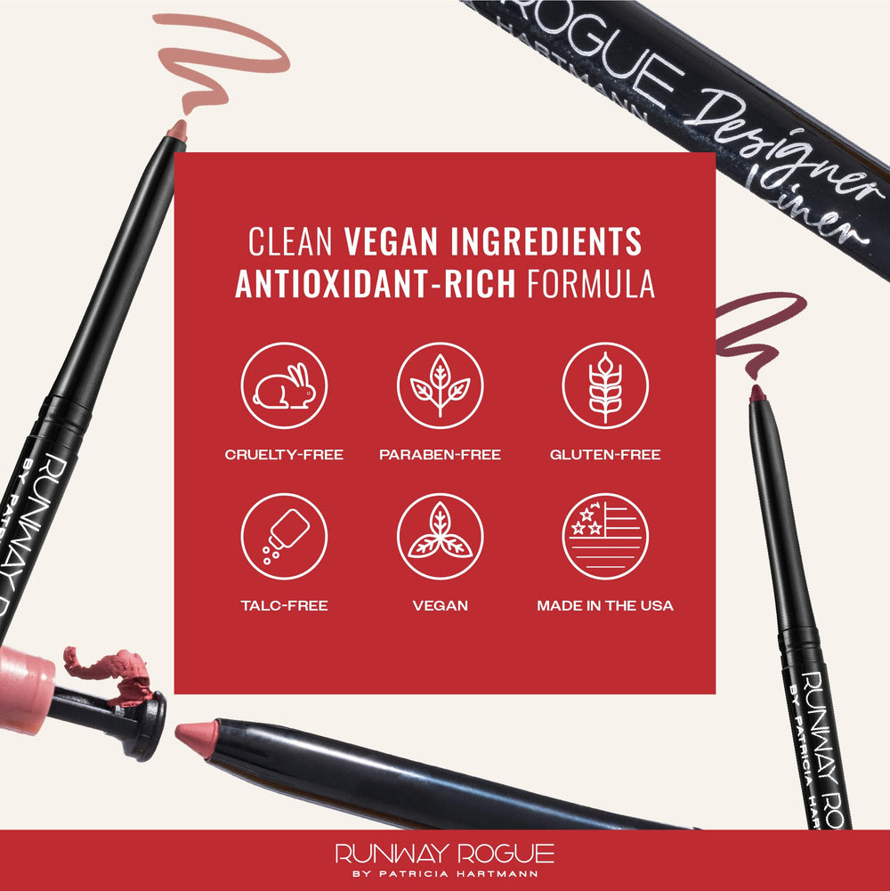Runway Rogue lip liner with shea butter detail highlights creamy vegan formula.